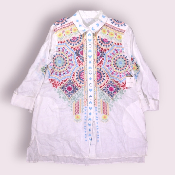 NWT John Mark Boho Embroidered Linen Cream Button Down Shirt S Top Blouse NEW - Picture 1 of 5